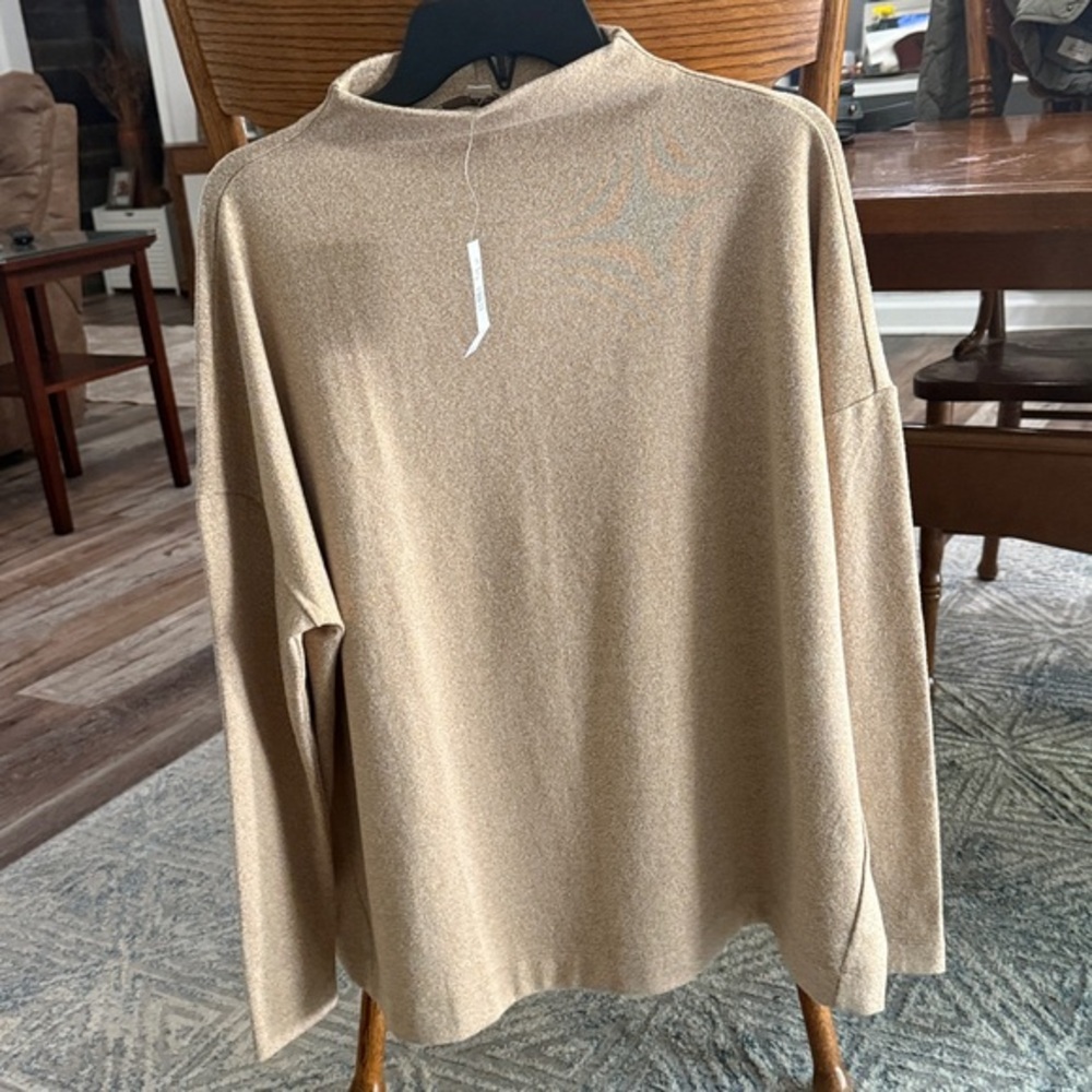 Loft Mock Funnel Neck Pullover Relaxed Fit Knit Top Tan Heather NWT Sz Lg $54.95